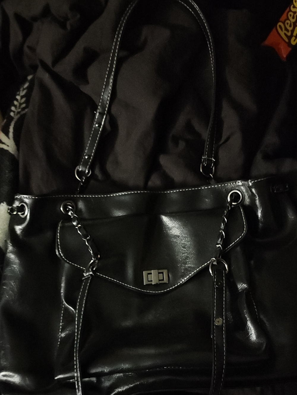 Classic Black Faux Leather Tote Bag with Chain Detail